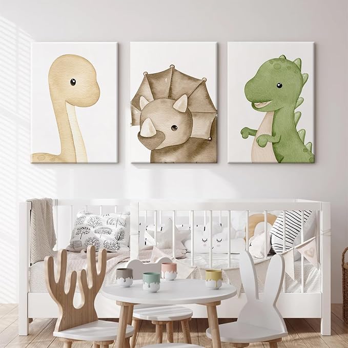 Dinosaur Wall Art Kids Boys Room Canvas Wall Decor Dino Nursery Wall Art Pictures Baby Dinosaur Poster Prints for Boys Bedroom Bathroom 16x24 Inch Framed Set of 3