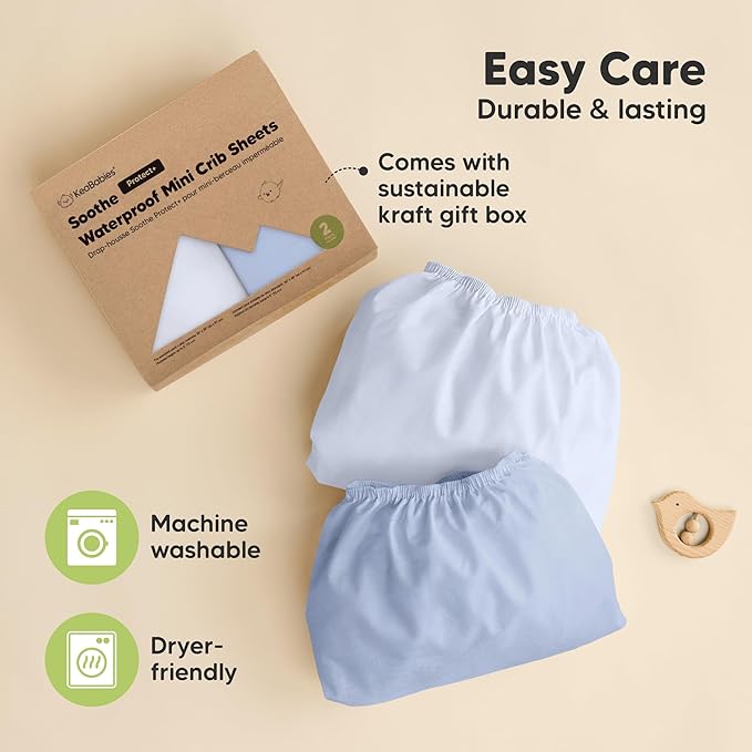 2 Pack and Play Sheets, Waterproof Mini Crib Sheets Fitted - 38x26 Organic Cotton Pack N Play Sheets for Graco Pack and Play Mattress, Playard Baby Crib Sheets,Neutral for Boy,Girl,Toddler(Blue Flax)