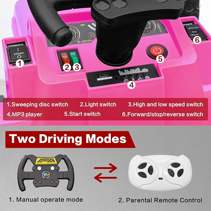 MOLACHI 12V Ride On Street Sweeper Truck, Ride on Car w/Remote Control,Electric 360 Degree Rotating Sweeping Brooms, Ideal Gift for Kids 3-7 Years Old, Pink