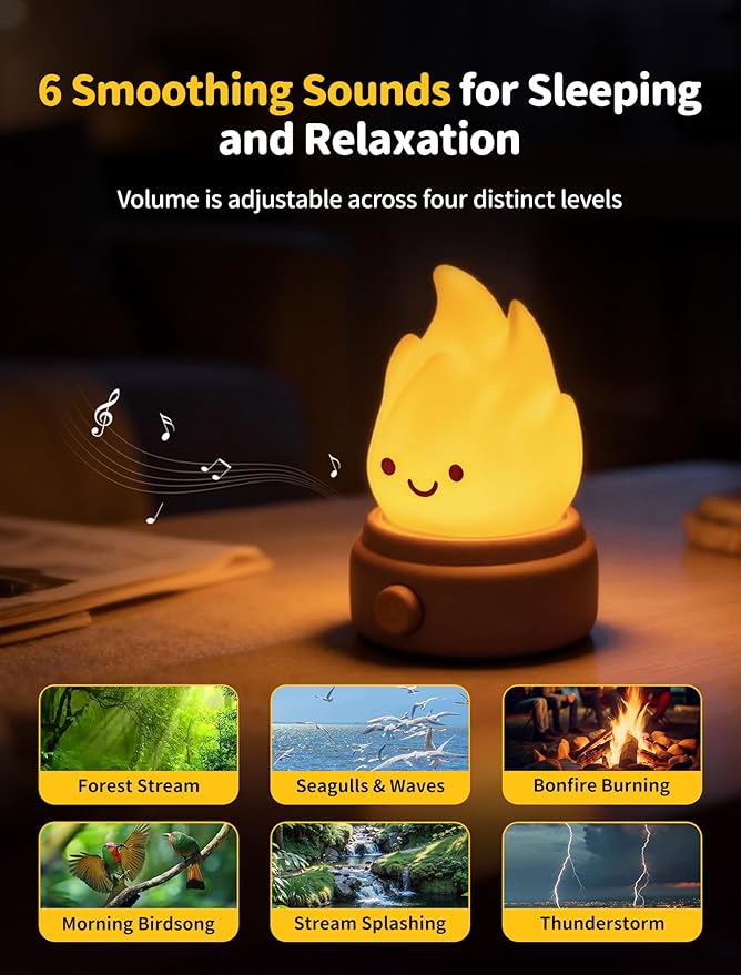 2026 Upgrade Campfire Night Light with White Noise, Portable Desk Lamp, Cute Silicone Flame Lights, Flameless Candles Lamps for Indoor Outdoor Table Decor, Funny Lamp Gifts for Kids Boys Girls