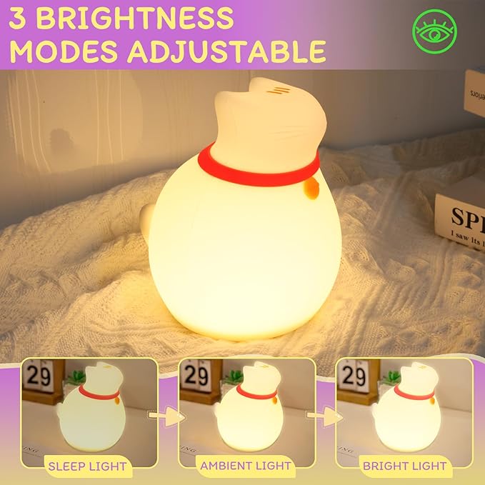 MAGOHMT Cat Night Light for Nursery, Silicone Rechargeable Night Light with Timer & 3 Modes, Touch Control Kids Bedroom Light (Cute Cat Design)