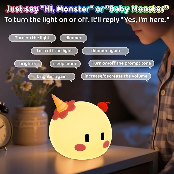 Monster Night Light for Kids Lamp, 8 Color Changing Dimmable Timer Bedside Night Lights, Squishy Silicone Lamp for Boys Girls Baby, Rechargeable Nursery Lamp for Toddler