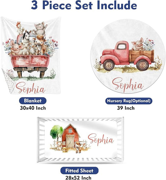 Custom Baby Crib Bedding Set, Personalized Name Animal Truck Design Crib Set 3 Pcs, Soft Double Layer Blanket, Crib Sheet & Room Rug, Ideal Nursery Decor Gift for Baby Girls Boys