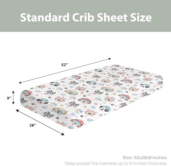 Summer Beach Fun Dogs Baby Crib Sheets for Boy Girl 28"x52" Cute Dog Vacation Soft Stretchy Fitted Crib Mattress Cover Dogs Lovers Gift Nursery Baby Sheet for Standard Crib & Toddler Mattress Pad