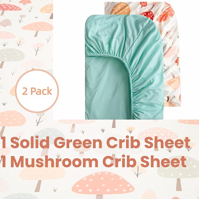 SDIII 2 Pack Mushroom Crib Sheets for Boys Girls 52×28 Stretchy Microfiber Jersey Knit Soft Fall Crib Sheets for Standard Crib and Toddler Mattress