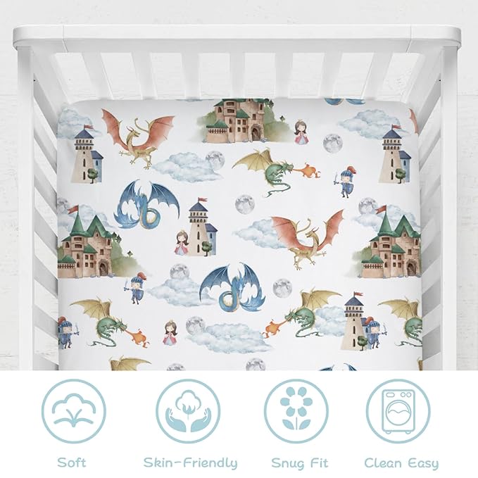 Fairytale Dragons Castle Baby Crib Sheet 52''x28'' Cute Dragon Princess Knight Moon Clouds Stretchy Fitted Crib Mattress Cover for Boy Girl Bed Sheets for Standard Crib Toddler Mattress