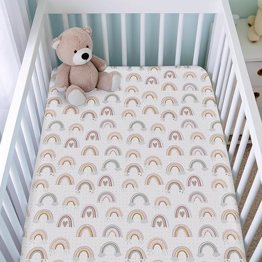 Boho Rainbows Hearts Baby Crib Sheets Boy Girl 52"x28" Colorful Rainbow Cloud Star Soft Breathable Crib Mattress Cover Rainbow Lovers Gift Fitted Baby Sheet for Standard Crib and Toddler Bed Mattress
