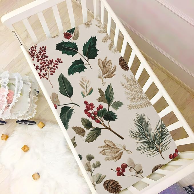 Beige Holly Leaves Pine Needles Pinecones Crib Sheets Standard Crib Toddler Mattresses Cover Fitted Baby Bed Sheet Breathable Crib Mattress Sheet for Girls Boys 52" x 28"x5''
