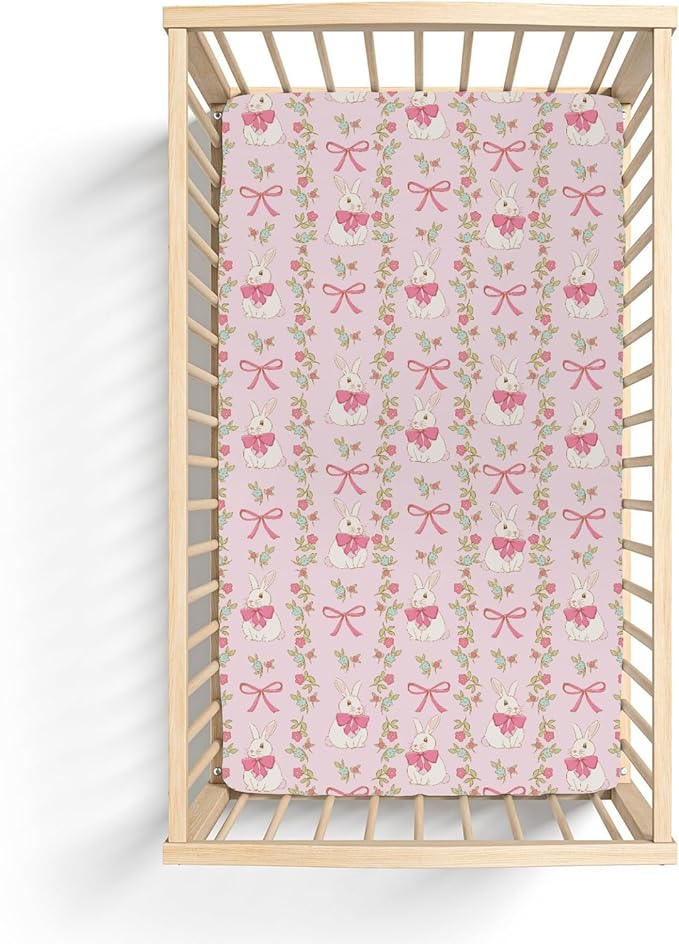 Preppy Bunny Easter Baby Crib Sheets for Boy Girl 52"x28" Pink Easter Rabbits Bows Floral Soft Stretchy Fitted Crib Mattress Cover Spring Garden Baby Sheet for Standard Crib and Toddler Bed Mattress