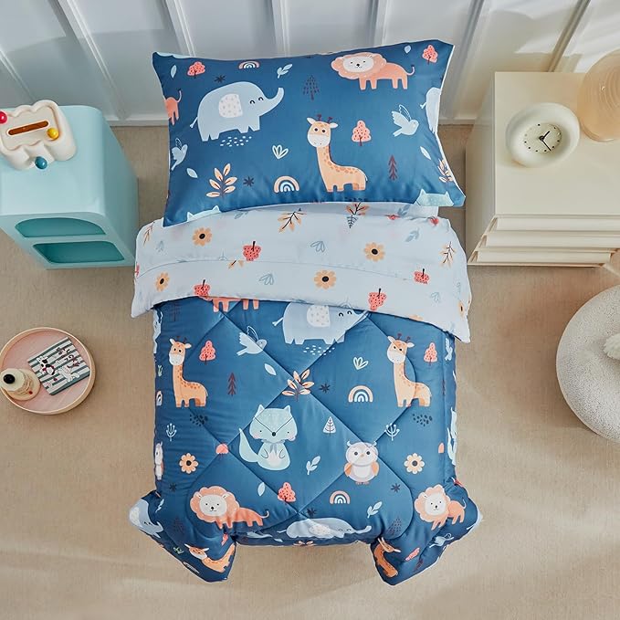 DuShow 4 Pieces Toddler Bedding Set for Boys,Navy Blue Animals Pattern Crib Comforter Set,Soft Toddler Bed Sheets Set Includes Flat Sheet,Fitted Sheet,Quilted Comforter,Pillowcase