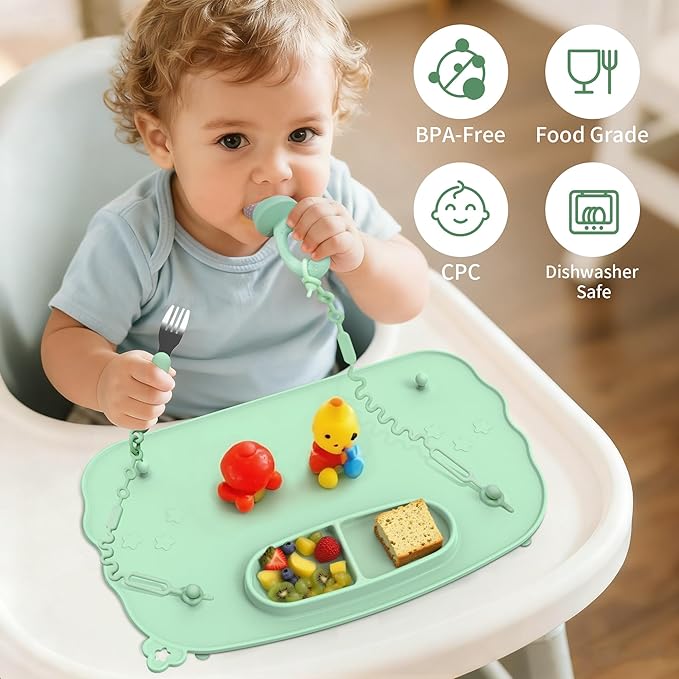 Baby Placemats for Weaning Babies - 2 Silicone Toddler Placemat with 4 Strong Suction Cups & 8 Stretchable Straps | BPA-Free Baby Table Mat for Restaurants, Dining Table & Toddler Mealtime