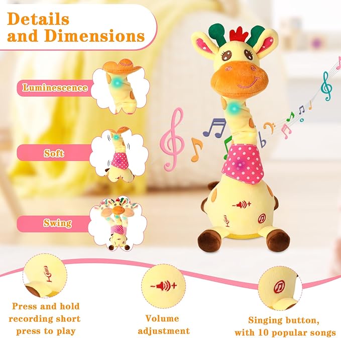Dancing Talking Giraffe Toy, Stuffed Animal Baby Toy Repeating What You Say, Glowing Musical Electronic Giraffe Gifts for Toddlers 1-3 Years Old (Giraffe)