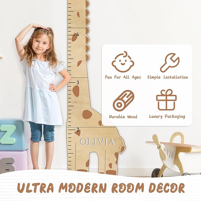 Woodemon Personalized Name Kids Growth Chart for Wall, Cute Giraffe Wooden Growth Chart Kids Height Chart, Wall Measurement for Kids, Height Chart for Wall, Growth Ruler for Children