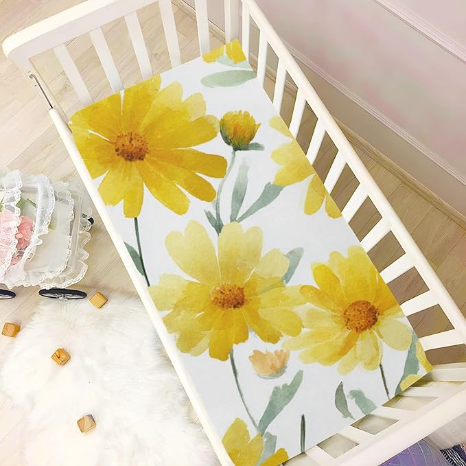 Summer Daisy Yellow Crib Sheets Standard Crib Toddler Mattresses Cover Fitted Baby Bed Sheet Breathable Crib Mattress Sheet for Girls Boys 52" x 28"x5''