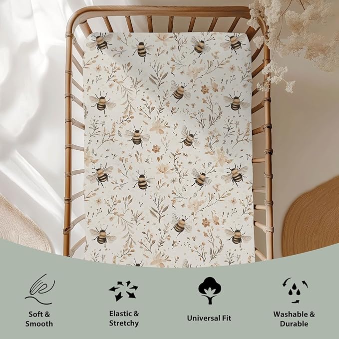 Vintage Bees Boho Flowers Baby Crib Sheets for Boy Girl 52x28Inch Retro Bees Floral Soft Stretchy Fitted Crib Mattress Cover Spring Summer Baby Sheet Fits Unisex Standard Bed and Toddler Mattress