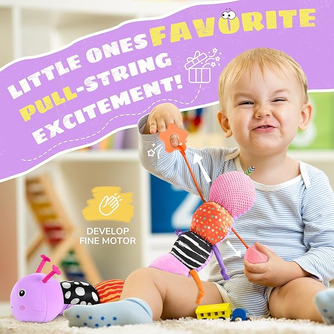 Baby Toys 6-12 Months Music Caterpillar,Stuffed Animals Infant Toys 0-3-6 Months,Teething Sensory Toys Tummy Time with Mirror Crinkle Rattle&Pull String for Boys Girls Gifts Birthday|Purple