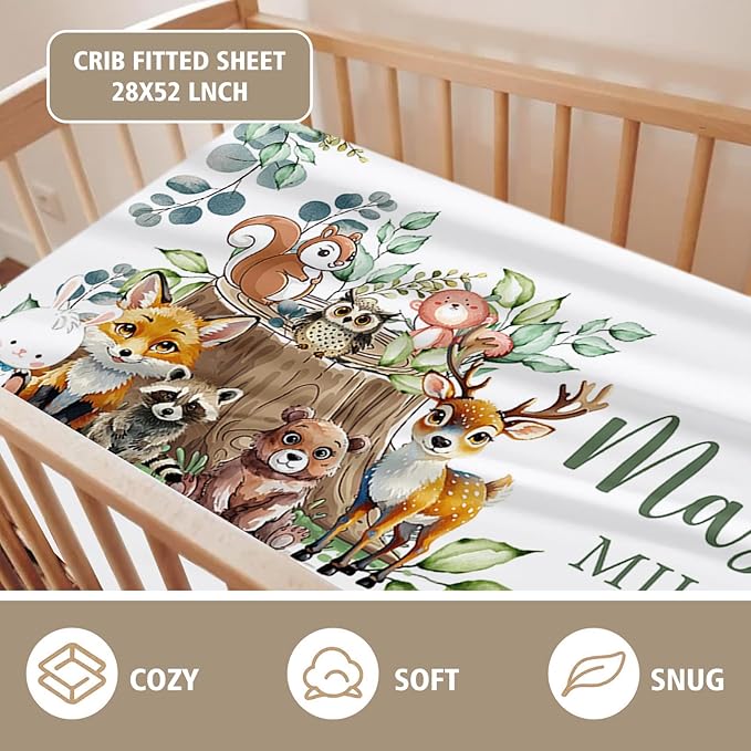 Personalized Crib Bedding Set for Boys Girls, Custom Baby Crib Sets with Name, Animal Stump Design Nursery Bedding 2 Piece - Soft Blanket with Double Layer Dotted Backing, Crib Fitted Sheet