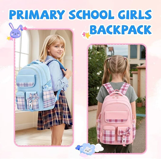 Aulenge Kids Backpack for Girls Cute Teen School Backpack Ages 8-12 with Pencil Case Set Kawaii Stitch Blue School Bookbags with Multiple Pockets for Primary & Middle School Students
