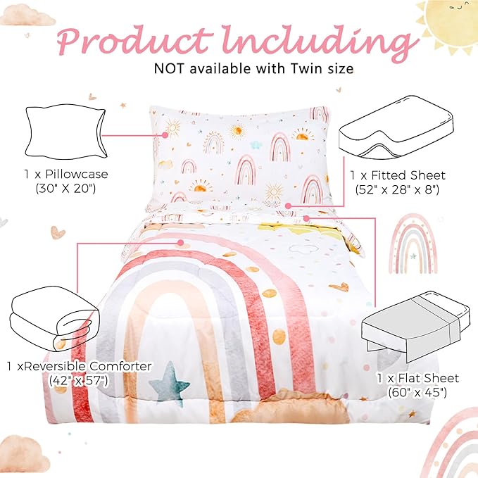 Toddler Bedding Set for Girls, 4 Piece Rainbow Toddler Girl Bedding Set, Super Soft & Lightweight Toddler Comforter Set Includes Comforter, Flat Sheet, Fitted Sheet, Pillowcase (Pink)