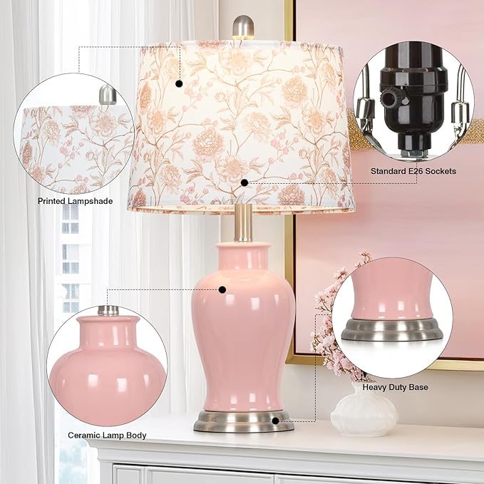 luxeflow Pink Ceramic Table Lamp with Flower Lampshade, 23" Cute Ceramic Bedside Lamp with Ginger Jar Design, Modern Living Room Lamps Set 2, Elegant Bedroom Lamps for Nightstand Desk Side Home Decor