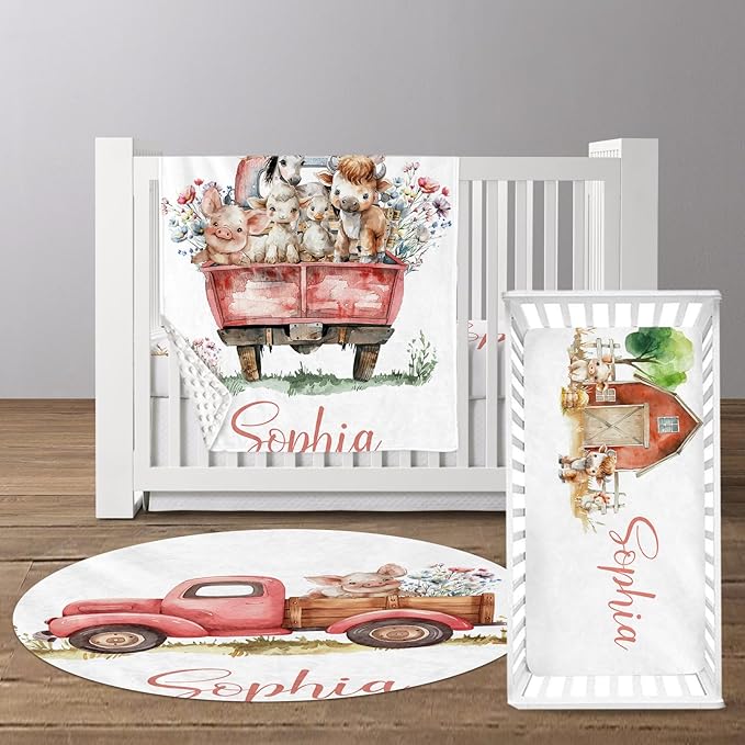 Custom Baby Crib Bedding Set, Personalized Name Animal Truck Design Crib Set 3 Pcs, Soft Double Layer Blanket, Crib Sheet & Room Rug, Ideal Nursery Decor Gift for Baby Girls Boys