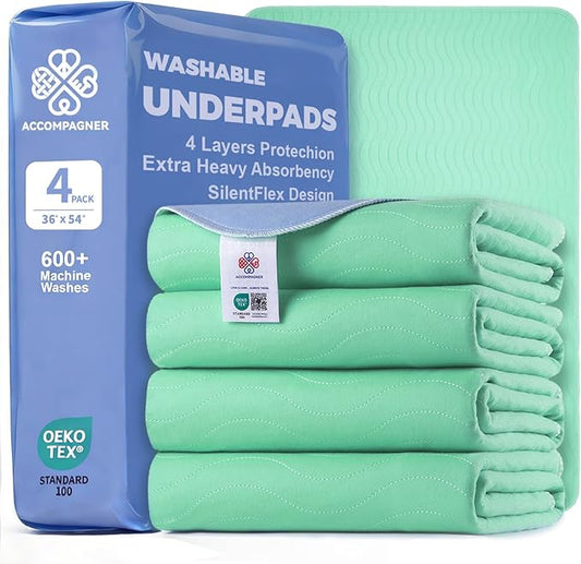 Accompagner Waterproof Reusable for Adults and Pets Washable Pee Pads for Dogs Changing Pad Large Dog Bed Size Adults Incontinence Bed Pads - Non-Slip Leak-Proof (Green, 4Pack-36" x54")