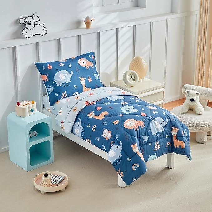 DuShow 4 Pieces Toddler Bedding Set for Boys,Navy Blue Animals Pattern Crib Comforter Set,Soft Toddler Bed Sheets Set Includes Flat Sheet,Fitted Sheet,Quilted Comforter,Pillowcase