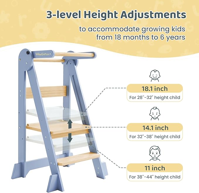 WeeGuruu Toddler Step Stool, Wooden Fold-able Standing Tower Kitchen Helper for Countertop, Bathroom, Montessori Kids Stool with Height Adjustable Platform for Ages 18 Mons to 6 Years Learning Skills