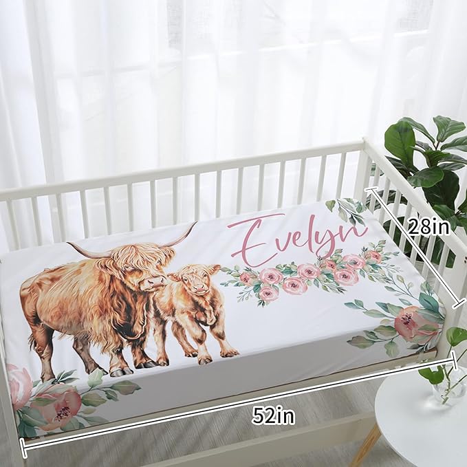 Personalized Baby Crib Bedding Set: 4 Piece Custom Floral Highland Cow Crib Bed Set with Name, Nursery Bedding Set for Baby Girls, Newborn Boys Crib Sets, Crib Bedding Custom Gift, Crib Sheet