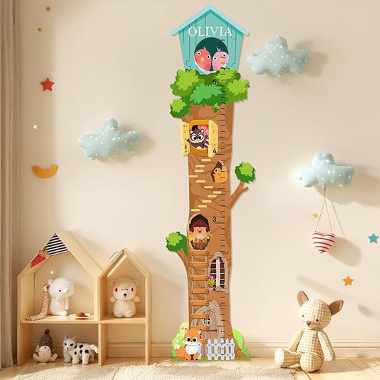 Personalized Name Growth Chart for Wall - Tree House Animals Kids Height Ruler, Wooden Growth Chart for Kids, Meaningful Memories Through Kid Size Chart Measurement