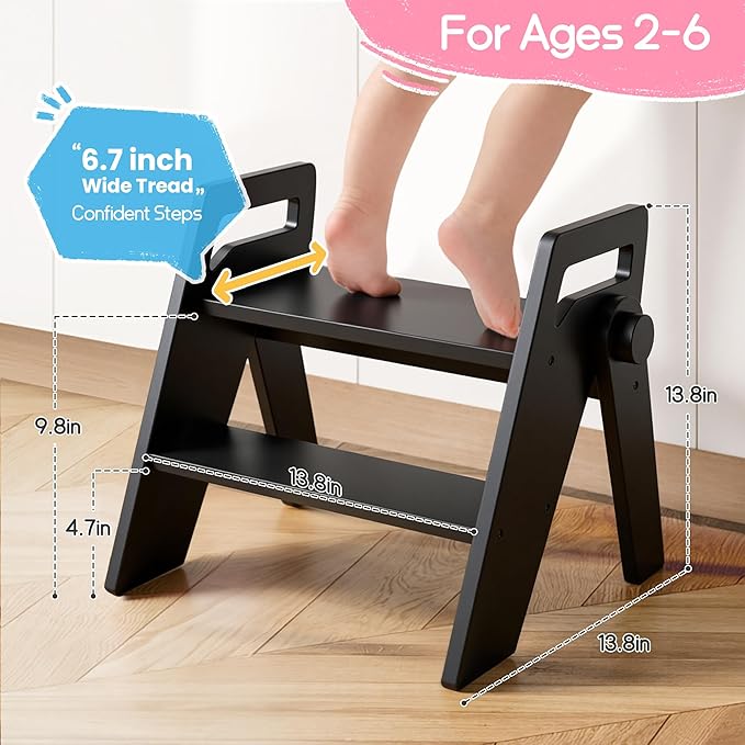 HOMEKOL Toddler Kids Step Stool: Wooden 2 Step Stool for Bathroom Sink, Foldable, Black