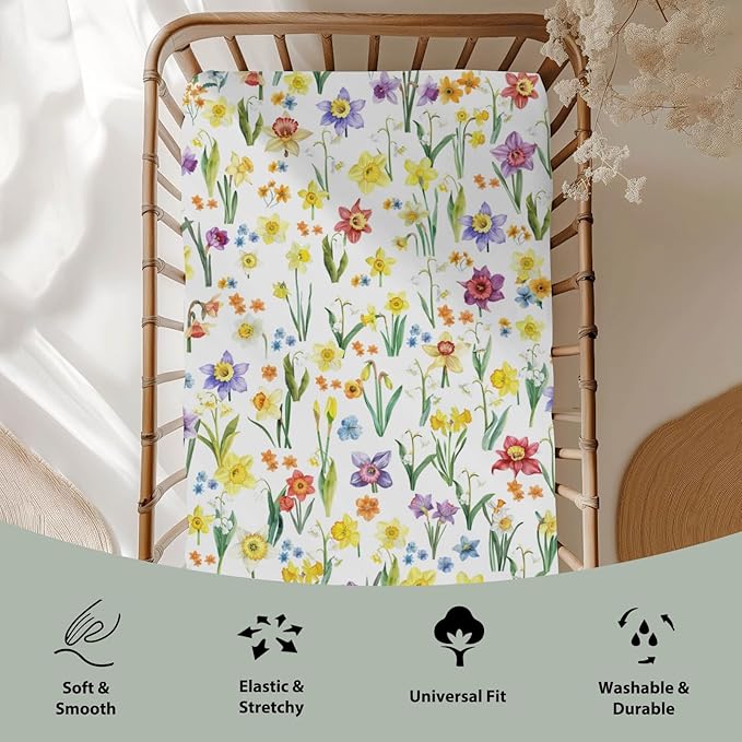 Watercolor Daffodils Flowers Baby Crib Sheets for Boy Girl 28"x52" Colorful Spring Bloom Soft Stretchy Fitted Crib Mattress Covers Garden Floral Summer Baby Sheet for Crib and Toddler Bed Mattresses