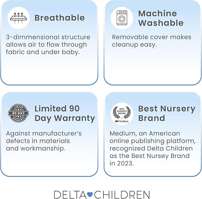 Delta Children Breathable Crib Mattress Pad Cover - 100% Breathable Mattress Pad Cover for Cribs - Elastic Edges for Secure, Universal Fit - Machine Washable - 1 Pack, White