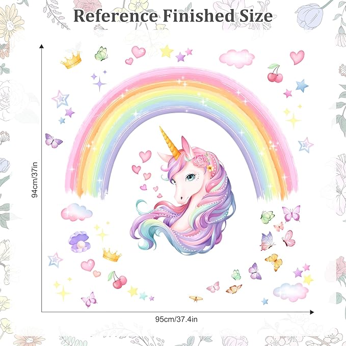 Unicorn Rainbow Wall Stickers, Watercolor Rainbow Stars Wall Decals Peel and Stick Wall Decal Self Adhesive Home Decor for Girls Nursery Kids Room