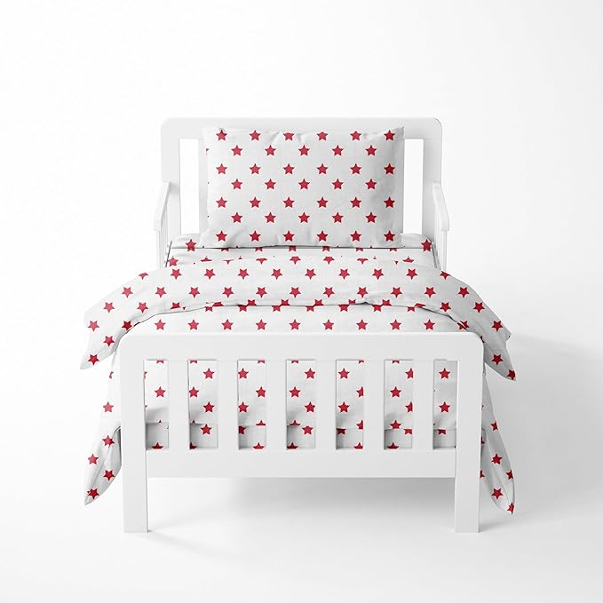 Bacati - Muslin Ikat Stars 4 Piece Boys Toddler Bedding Set 100 Percent Cotton Includes Reversible Comforter, Fitted Sheet, Top Sheet, and Pillow Case (4 pc Toddler Bedding Set, Red Stars)