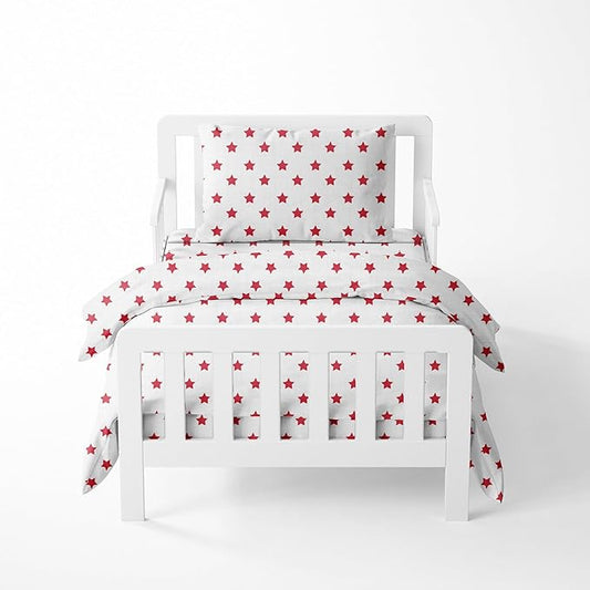 Bacati - Muslin Ikat Stars 4 Piece Boys Toddler Bedding Set 100 Percent Cotton Includes Reversible Comforter, Fitted Sheet, Top Sheet, and Pillow Case (4 pc Toddler Bedding Set, Red Stars)