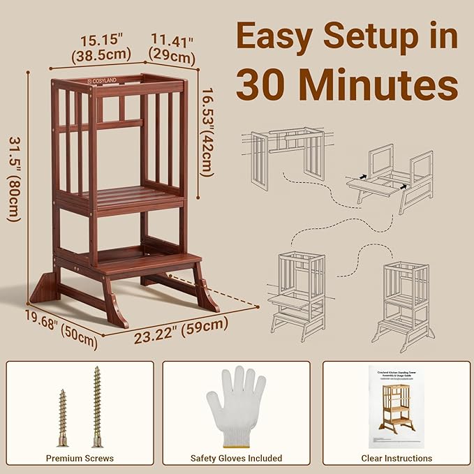 COSYLAND Toddler Step Stool Height Adjustable – Portable Kids Kitchen Stool Helper with Stabilizing Base Block – Toddler Standing Tower for Bathroom Kitchen Living Room Dining Room (Brown)