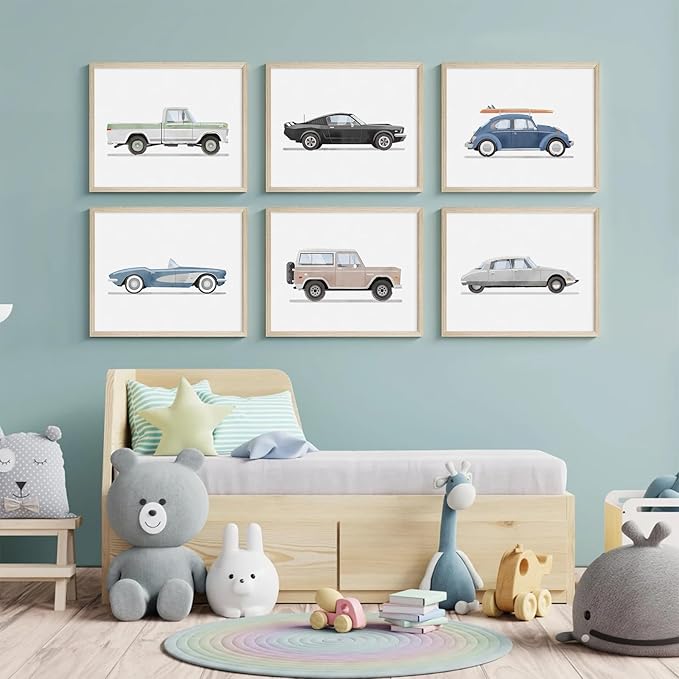 Blue Car Wall Art Decor Boys Room Wall Art Vintage Cars Canvas Poster Pictures Toddler Kids Room Prints Watercolor Vehicle Artwork Painting for Boys Bedroom Nursery 12x16 Inch Wood Framed Set of 6