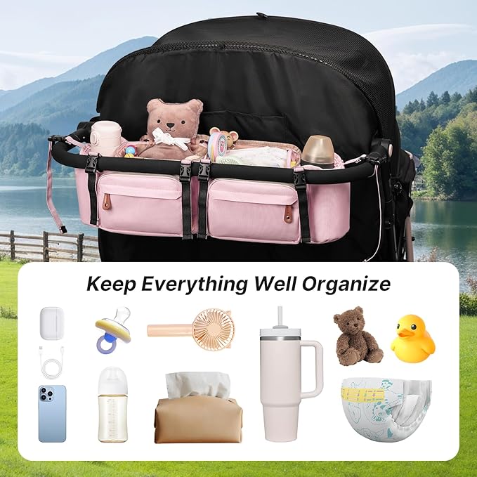 Boomistry Double Stroller Organizer for Bob Duallie and Baby Jogger City Mini GT2, Double Stroller Caddy Organizers with Cup Holder and 2 Cooler Pockets Parent Console Double Stroller Accessories