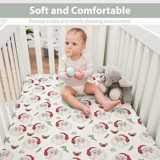 Christmas Santa Claus Baby Crib Sheets for Boy Girl 52"x28" Retro Santa Cherry Fir Leaves Soft Snug Fitted Crib Mattress Cover Winter Holiday Nursery Baby Sheet for Crib & Toddler Bed Mattresses
