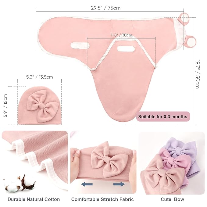 DRESHOW BQUBO 3 Pack Baby Swaddle Sleep Sacks Baby Swaddling Blanket Wrap Newborn Swaddle Sack with Big Bow Hat for Boys Girls 6-12 Lbs Newborns & 0-3 Months Girls Boys