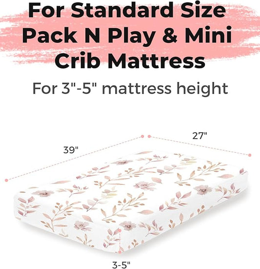 Pack and Play Sheets 2 Pack, Fitted Jersey Knit Mini Crib Sheets for Baby Boys and Girls, Compatible with Graco Pack N Play and Mini Crib Mattress (Floral Fawn, Pack N Play/Mini Crib Sheets)
