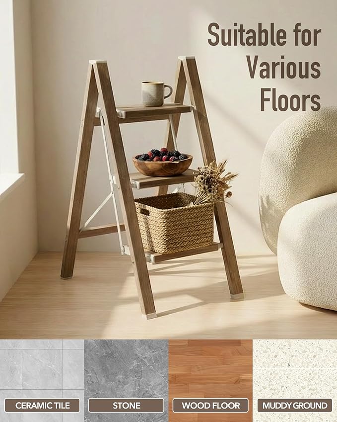Mayi Plus 3 Step Ladder,Aluminum Folding Step Stool for Adults,Step Ladder with Wide Anti-Slip Pedal,330 lbs Capacity for Home,Kitchen,Library,Office(Cherry Woodgrain)