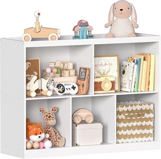 BRINJOY Toy Storage Organizer, 5-Section Kids Bookcase with Raised Edge, Children's Toy Shelf Cabinet for Playroom Bedroom Daycare Nursery School, Montessori Bookshelf for Boys & Girls (2-Tiers)