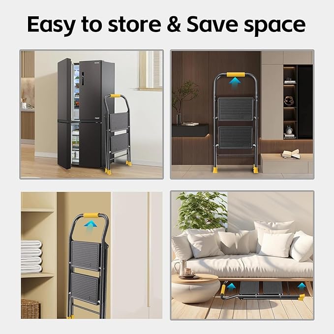 Foldable Step Ladder Folding Stool - 2 Stepping Extension Tall Heavy Duty with Handrails for Home Adults Kitchen - Extendable Stepladder Closet Stepstool Stair Ladders for Indoor House 600Lbs