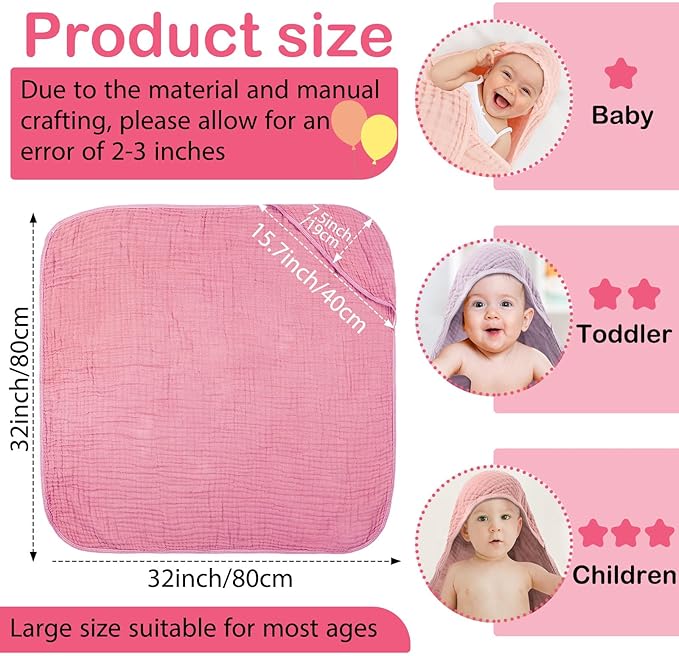 Peryiter 4 Pcs Muslin Hooded Baby Towels, 32x 32'' Cotton Newborn Bath Towel Muslin Infant Baby Blankets Absorbent Unisex Christmas Registry Gift Essentials for Girls Boys (Pink Series)