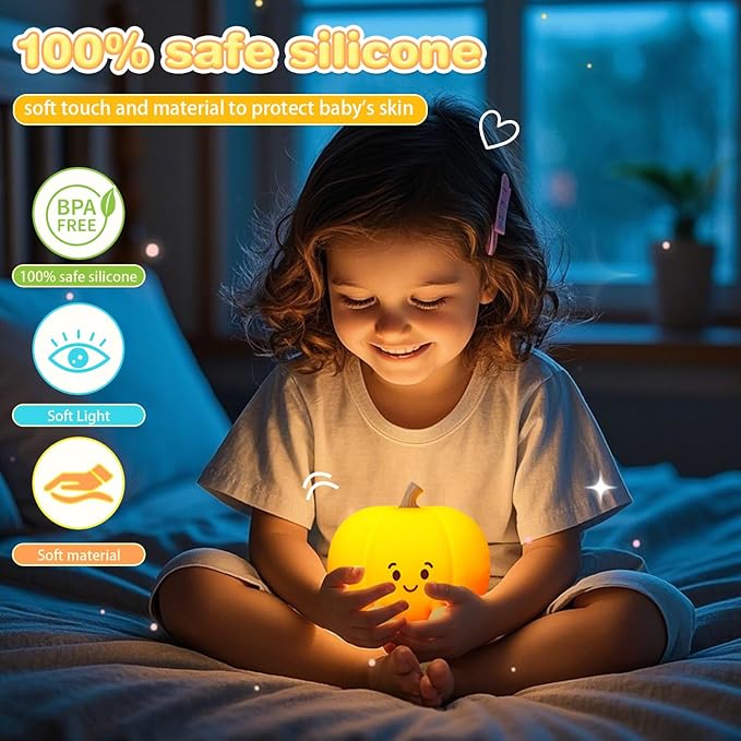 loatme Night Light for Kids, Rechargeable Dimmable Silicone LED Nightlight, Baby Nursery Night Lamp, Touch Squishy Lamp, Halloween Gifts for Girls, Boys, Toddler Room Decor, Pumpkin