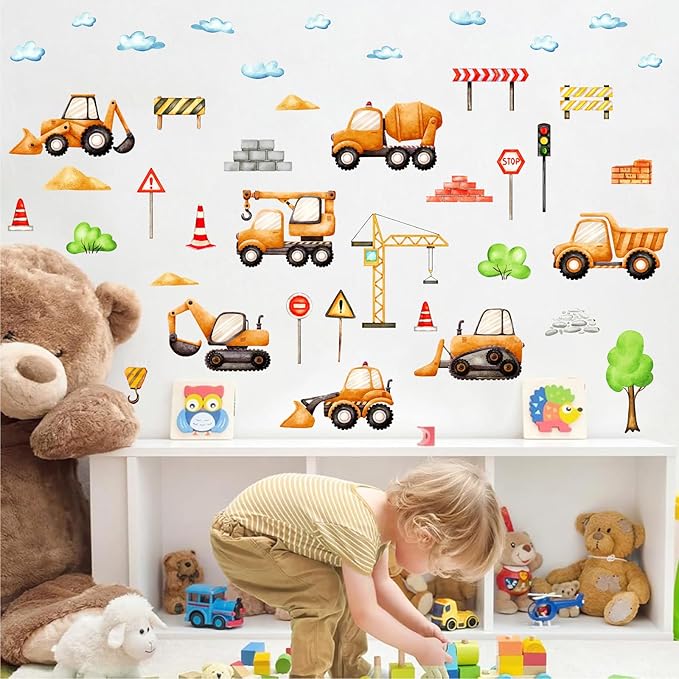 Car Truck Wall Decals Construction Vehicle Wall Stickers Cartoon Watercolor Car Tractor Stickers Peel and Stick Transportation Wall Decals for Kids Room Boys Bedroom Playroom Nursery Decor