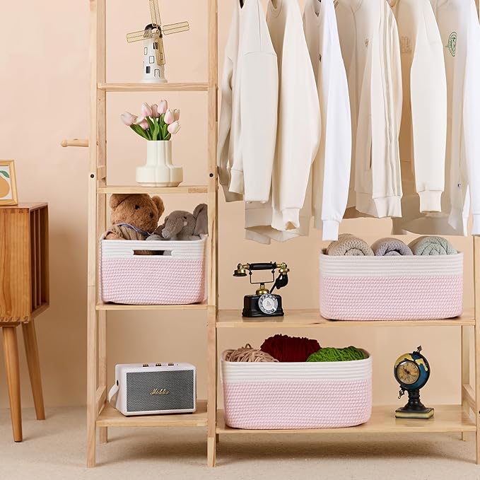 MiniArk Large Storage Baskets for Shelves, Closet Organizers Bins for Clothes Blanket Towels, Baby Nursery, Toy Baskets Box, Woven Rope Baskets, 17 x 13 x 7.5”, 3 Packs Woven Pink
