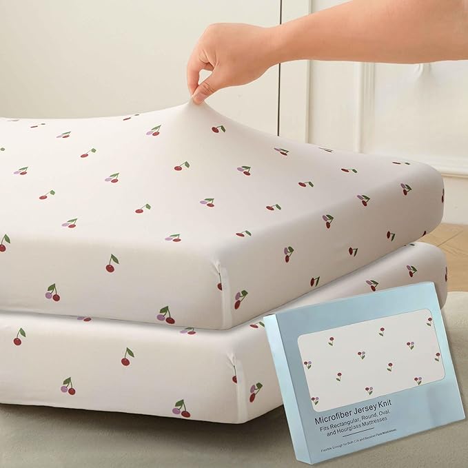 SDY Jersey Cherry Crib Sheets for Baby Girls,52”x28”x8, 2 Pack,Pink Cute Kawaii Standard Oval/Retangle Fitted Crib Sheets for Toddler,Super Soft Breathable